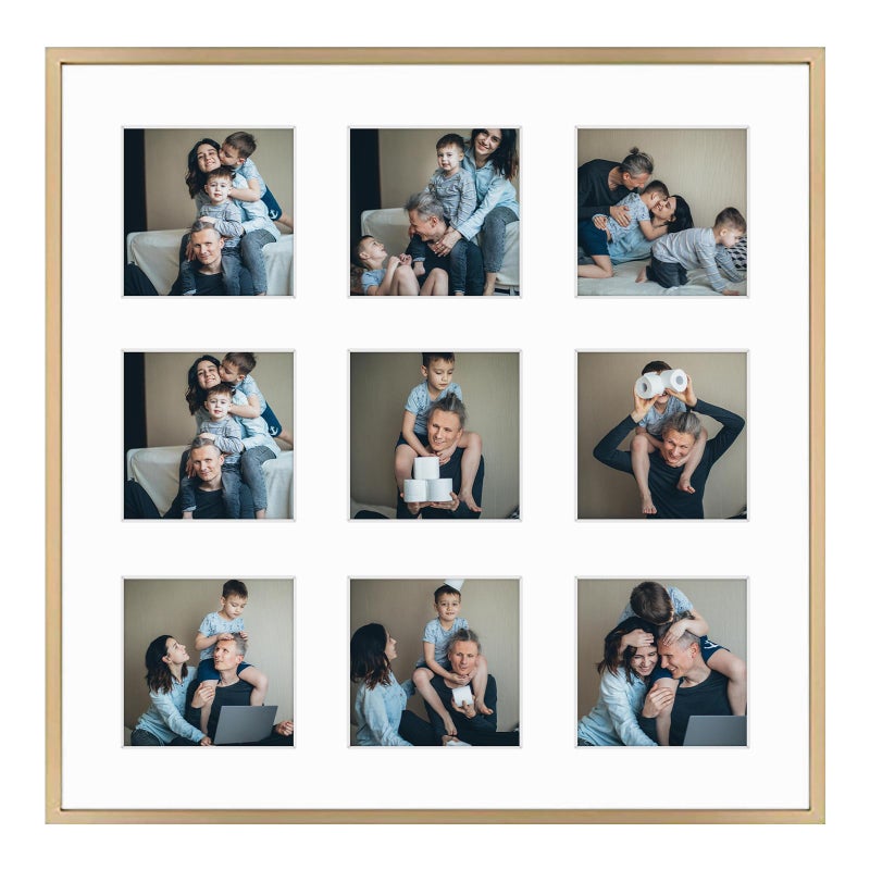 Frametory - 16x16 Aluminum Collage Picture Frame - Display 4x4 Pictures with 9 Openings Mat - Real Glass Front - Horizontal/Vertical Wall Mount - Gold 1 Pack - Image 1